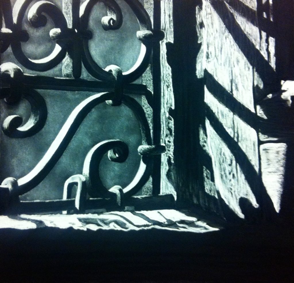 Hand drawn charcoal drawing of a windowsill looking outside the window with an iron decorative rail casting a shadow